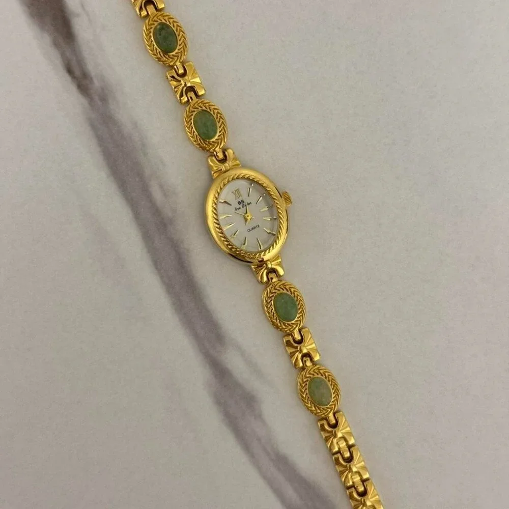 SKU:0018 gold mini watch bracelet with green natural stone inserts vintage style